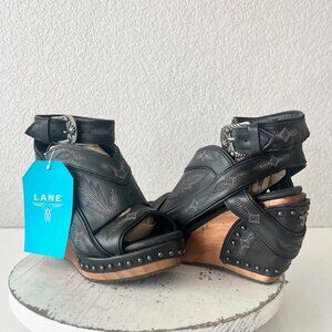 Lane Boots LEXINGTON Womens Black Wedges 7.5 Western Sandals Cowgirl Wooden Heel